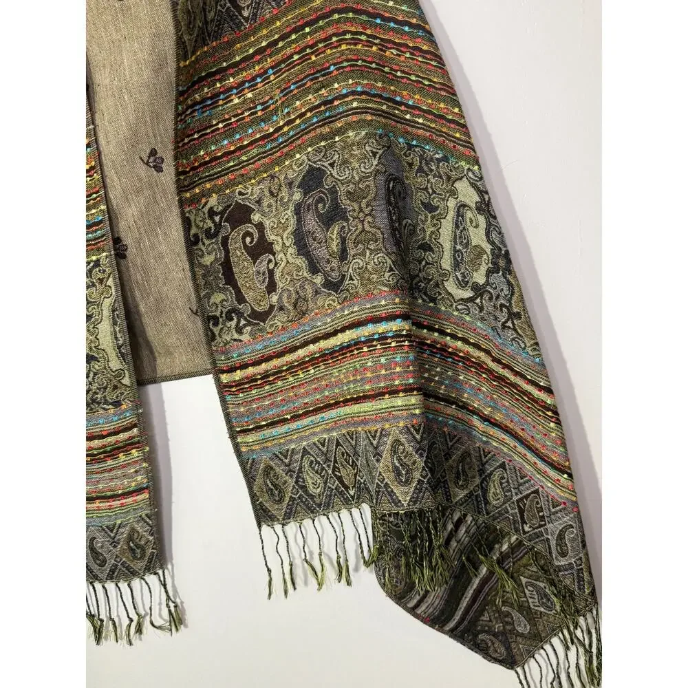 Artisan Woven Shawl Scarf Paisley Stripe Fringe Boho Ethnic Wrap